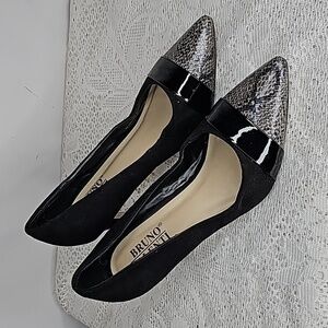 Bruno Valenti black faux fur snake pattern pointy toe slip on heels sz 8